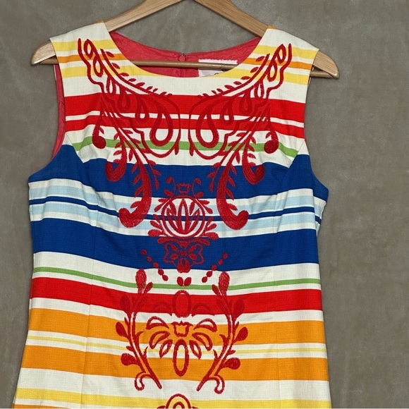 Tabitha Anthropologie Embroideried Design Primary Stripe Shift Dress Size 10 - Picture 2 of 9